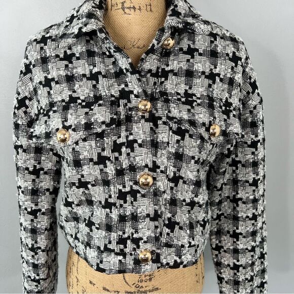 Sz S Ophelia Roe Black& White Houndstooth Tweed Cropped Jacket $65 MSRP - Picture 6 of 10